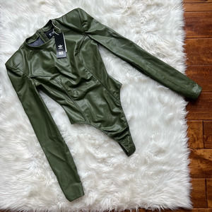 Adidas Ivy Park Womens Bodysuit Green Long Sleeve Faux Leather Zipper XS New